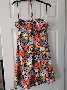 Forever 21 Black Floral Halter Dress with Orange, Pink and Yellow Blooms